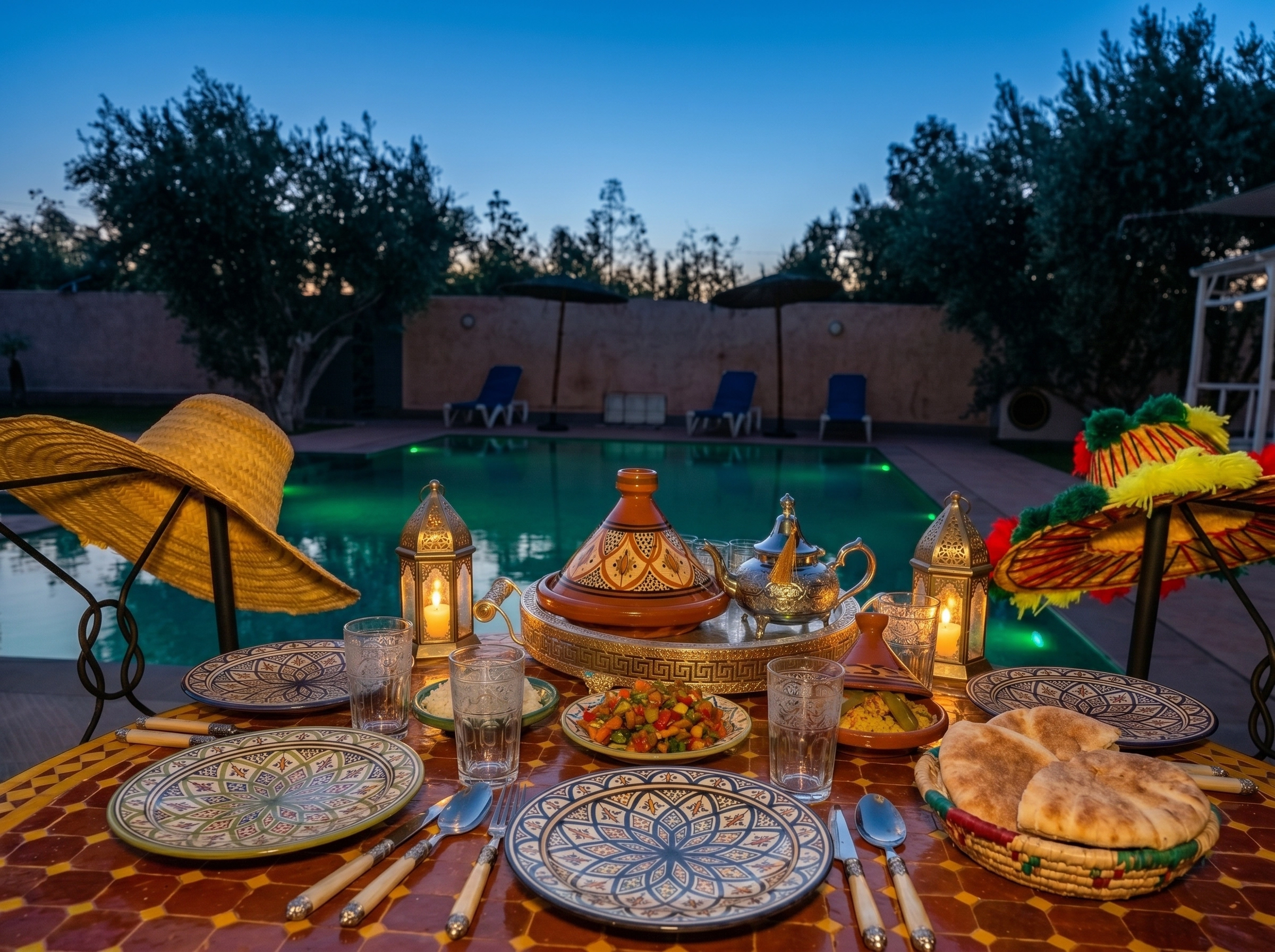 Outdoor dining table under olive trees